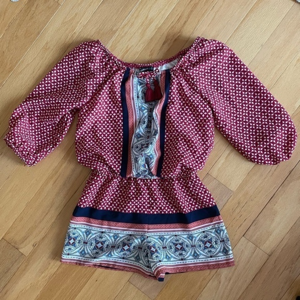 My Michelle Girls Red Geometric Print Off Shoulder Romper Tassel Tie Siz S Youth